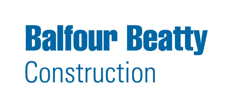 A blue and white logo for the walfour beach construction company.