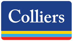 A blue banner with white letters that say colliers.