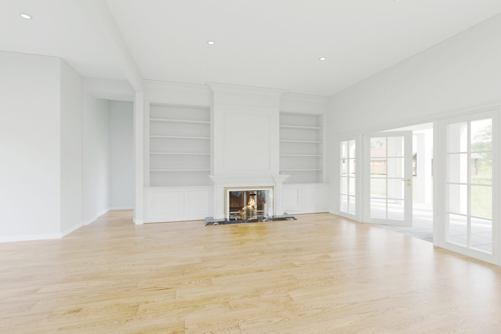 A room with a fireplace and wooden floors