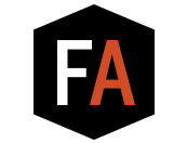 A black and white hexagon with an orange letter f.