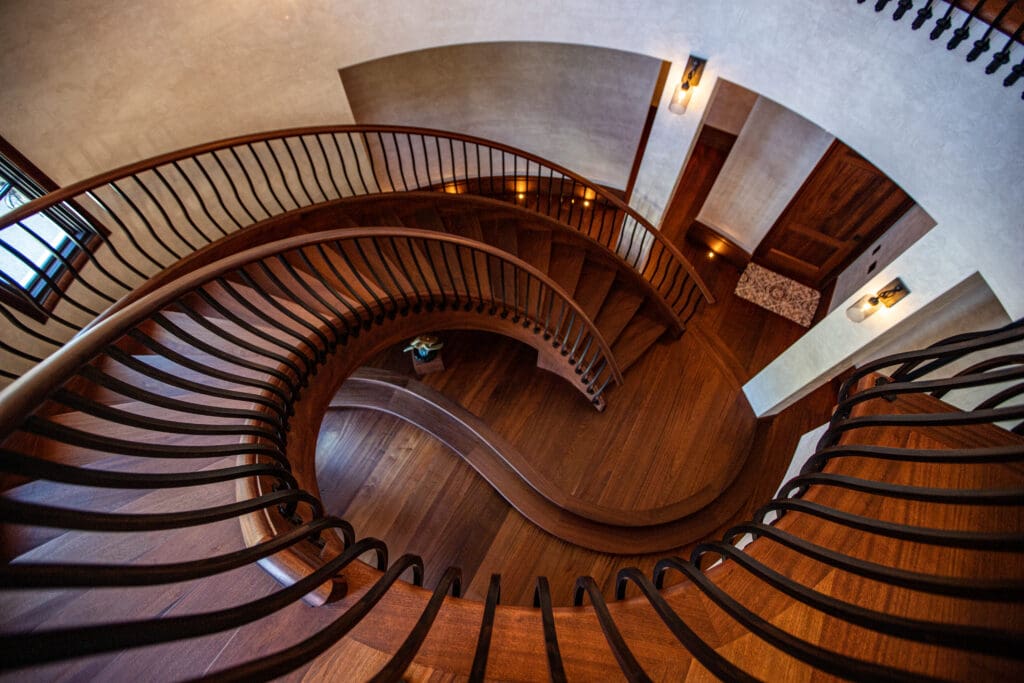 Finish_Product Photography 1 A spiral staircase with wooden steps and handrails. finishes photography_ architectural photography