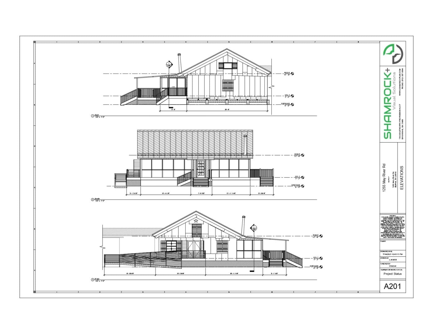 A drawing of three different sections of a house.