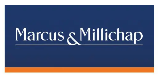 A blue and orange banner with the words marcus & millichap.