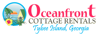 A green background with the words ocean cottage resort in red.