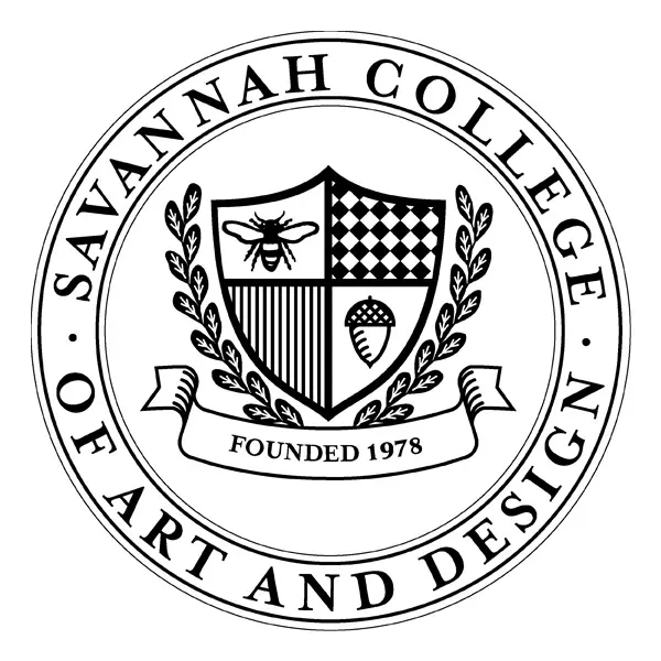 A black and white image of the savannah college seal.