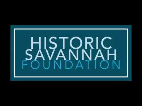 A blue and white logo for the historic savannah foundation.