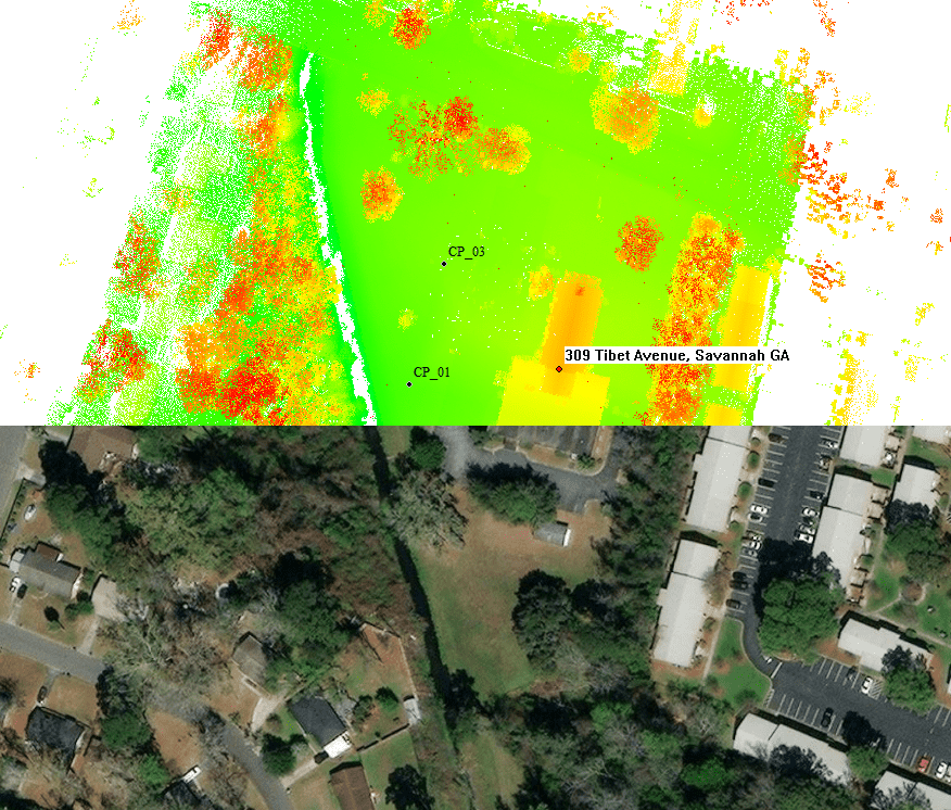 A photo of an aerial view of a field and a picture of the same area.