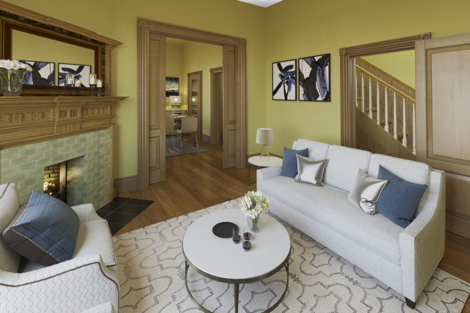 A living room with yellow walls and white furniture.