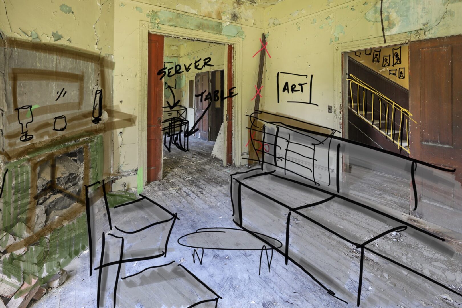 digital renovation hand sketch on current condition and note taking to meet client wants and needs for virtual renovation