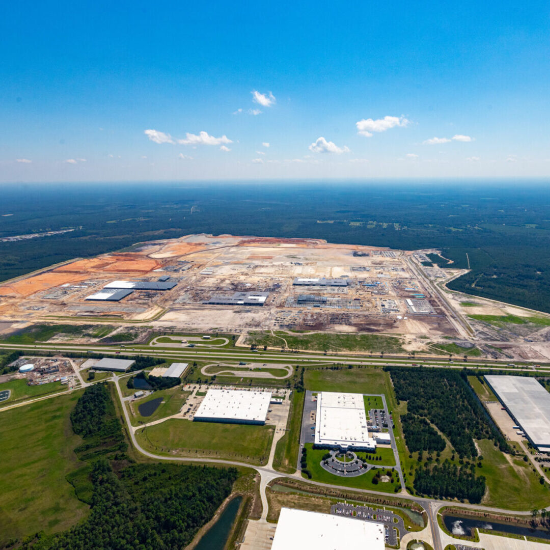 An aerial view of a large industrial area.