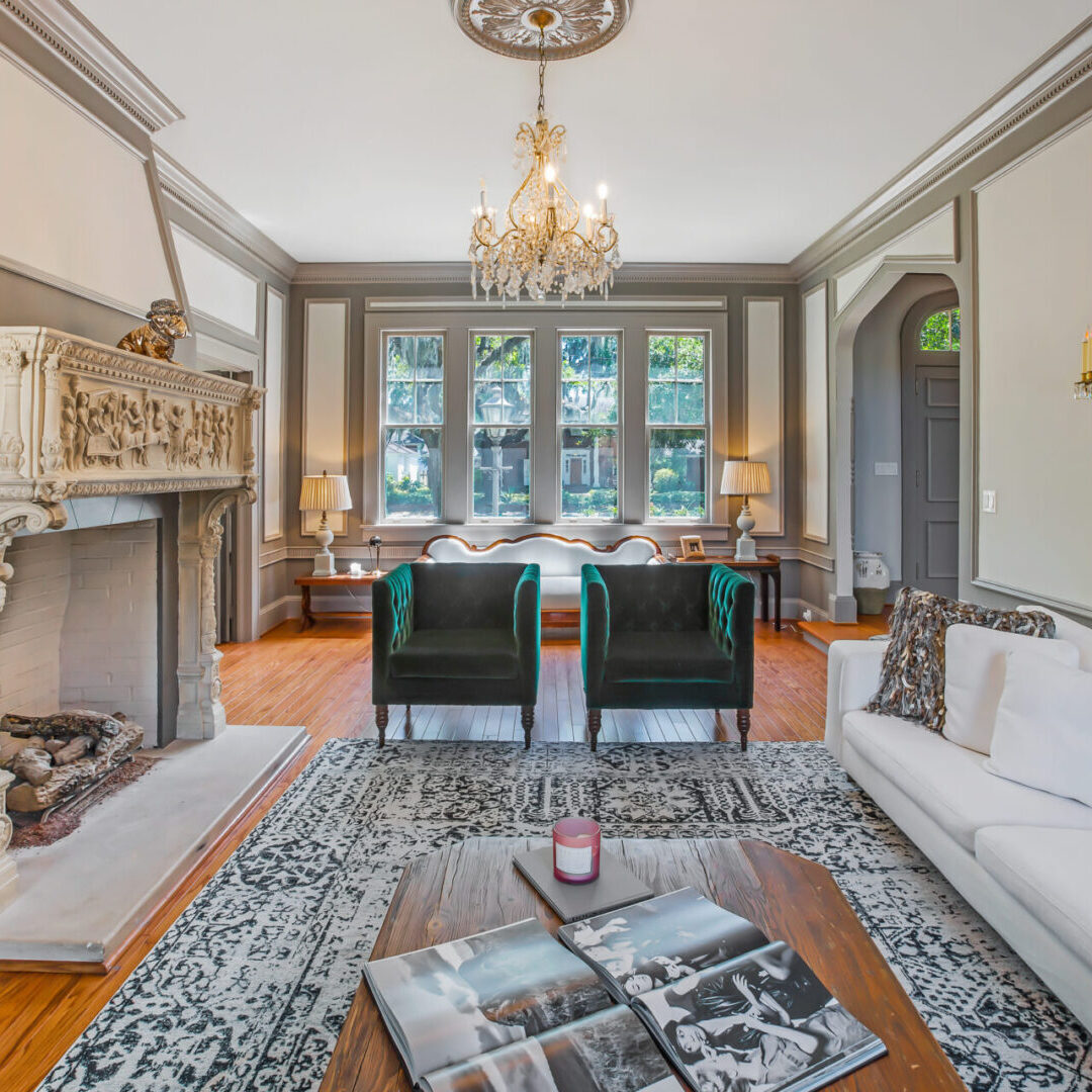 A living room with a fireplace and a couch